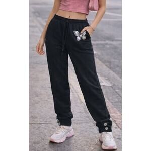 Lauren Moshi Y2K Butterfly Jewel Sweatpants XS Black Bling Streetwear Indie